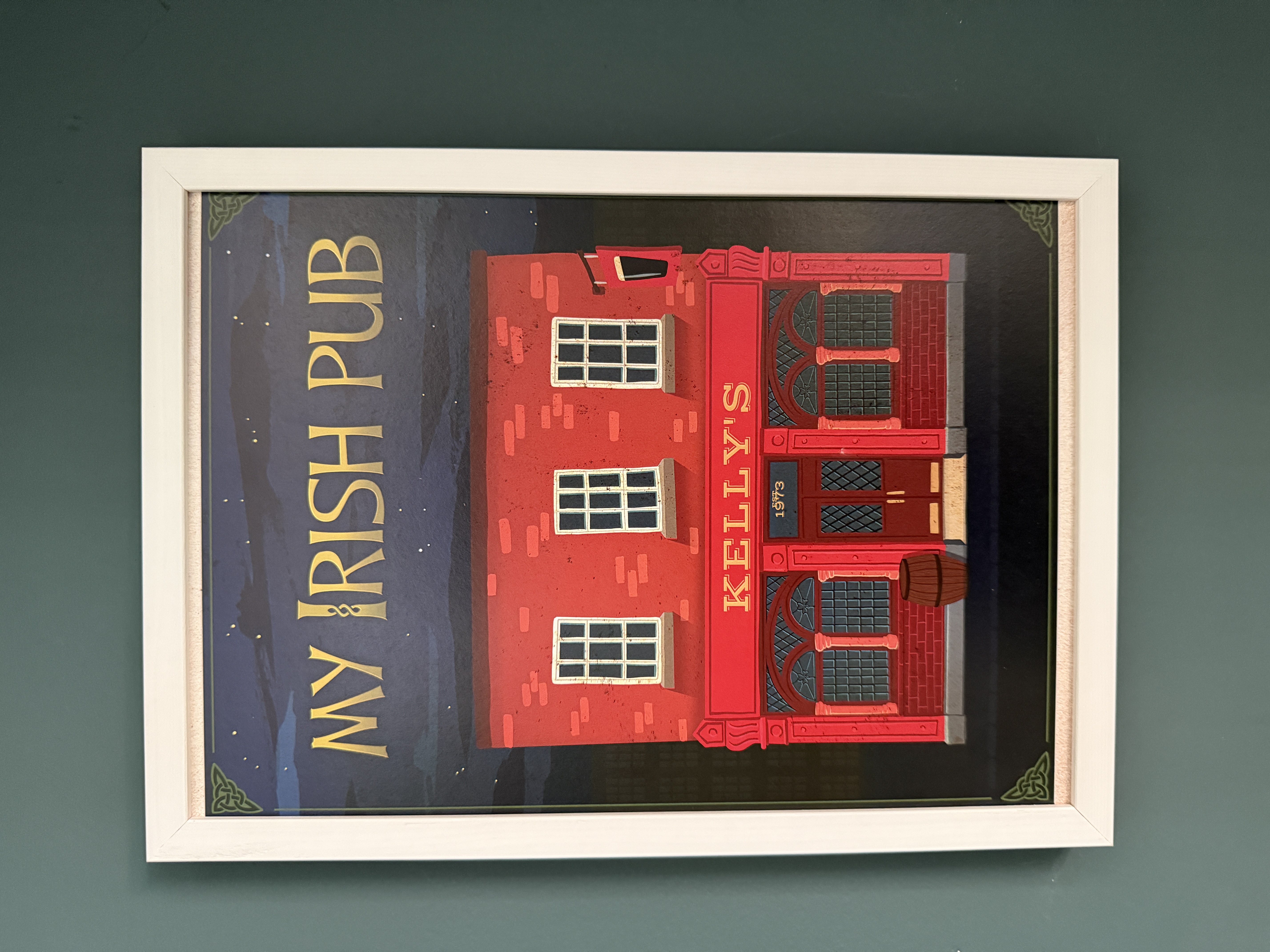 Kelly's city pub print on teal wall